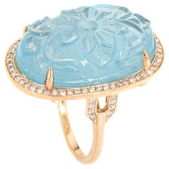 Vintage 33ct Carved Aquamarine Ring Diamond Large Cocktail Jewelry Sz 7 Flower Jewelry