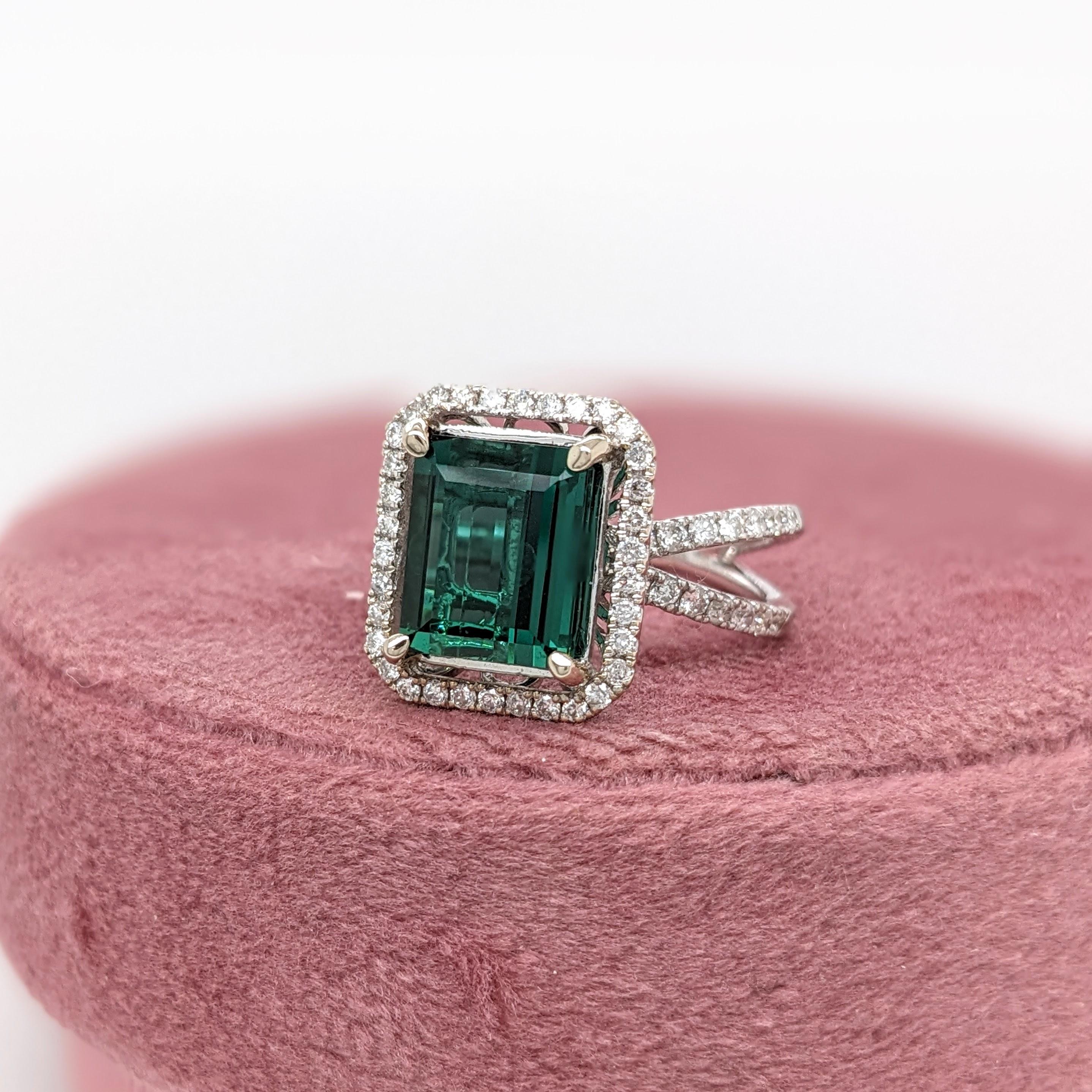 Modern 3.3ct Indicolite Tourmaline Ring w Earth Mined Diamonds in Solid 14K White Gold