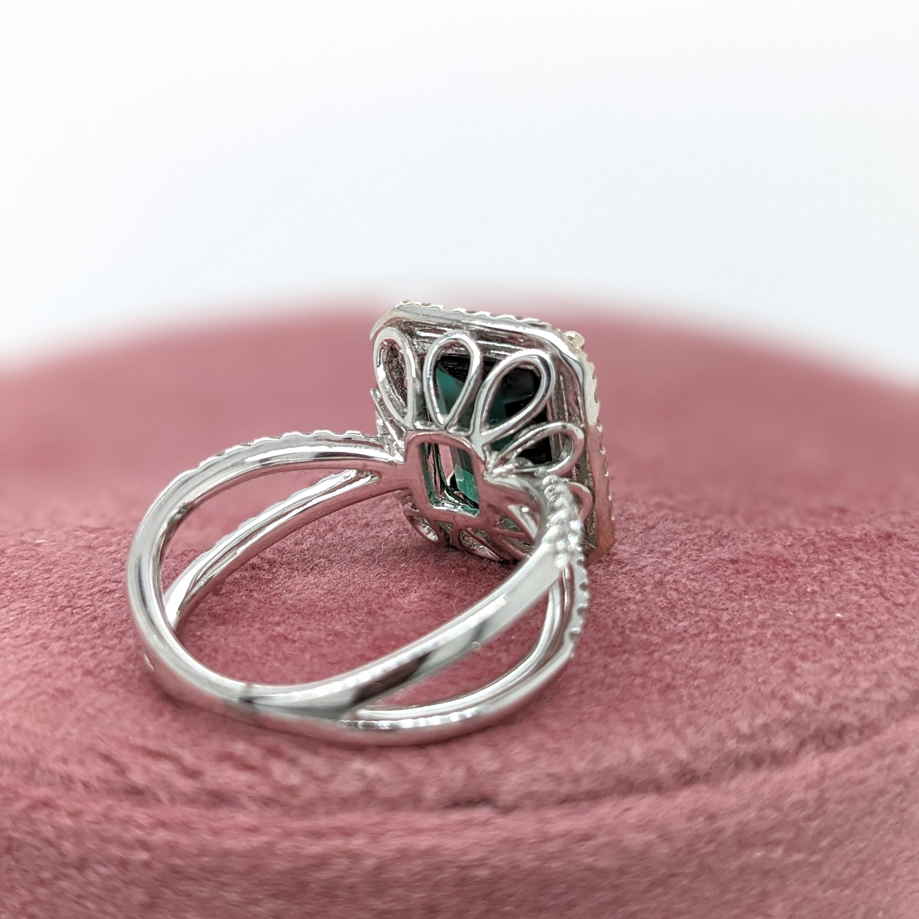 Emerald Cut 3.3ct Indicolite Tourmaline Ring w Earth Mined Diamonds in Solid 14K White Gold
