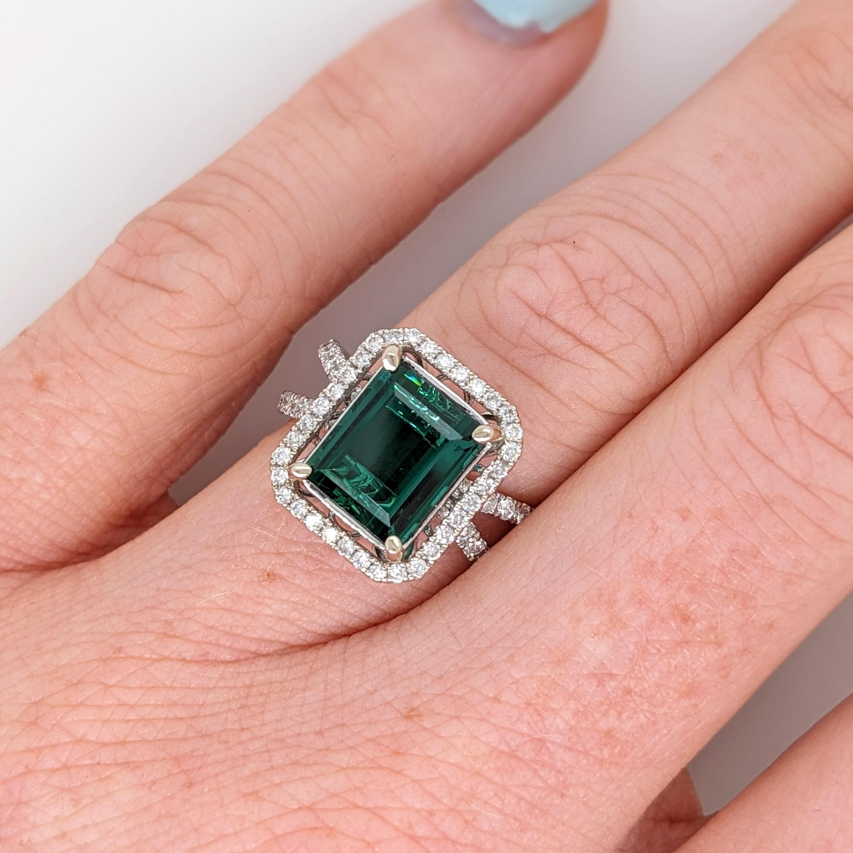 Women's 3.3ct Indicolite Tourmaline Ring w Earth Mined Diamonds in Solid 14K White Gold