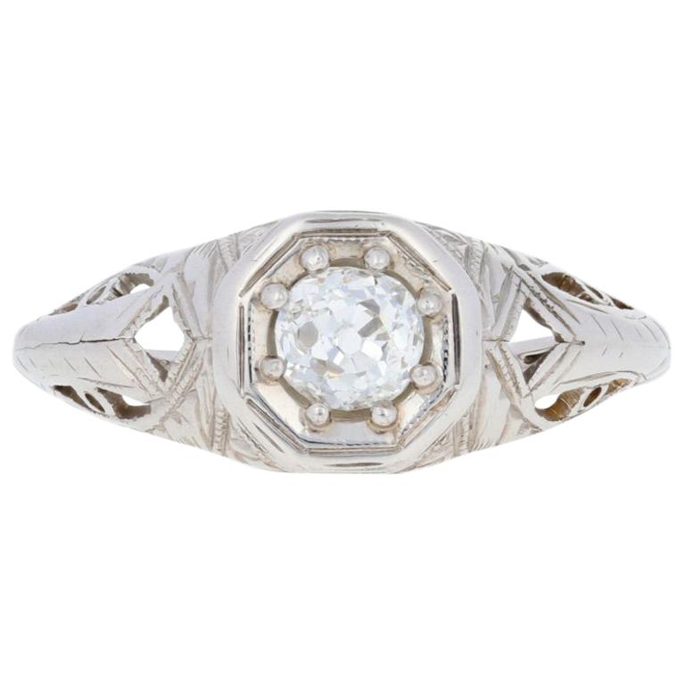 0,33 Karat Diamant im Altminenschliff Art Deco Verlobungsring, 14k Gold Vintage Solitär