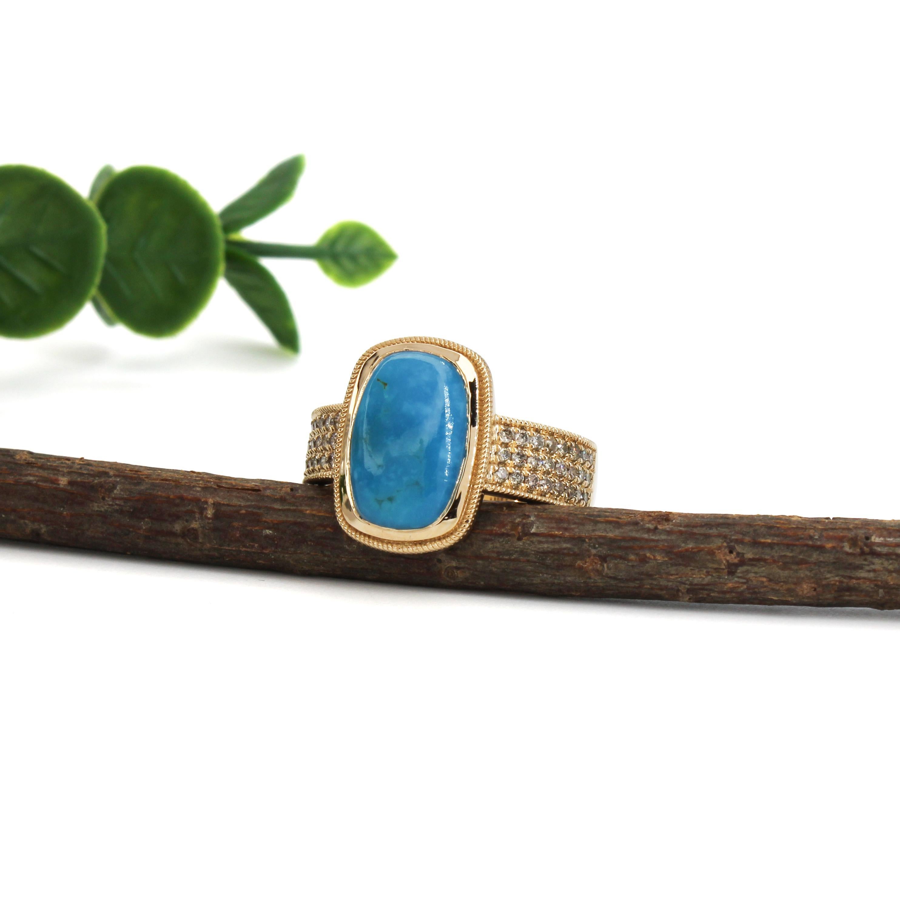 Cabochon 3.3ct Sonoran Turquoise Ring w Natural Diamond Accents in 14K Gold  CU 12x9mm For Sale