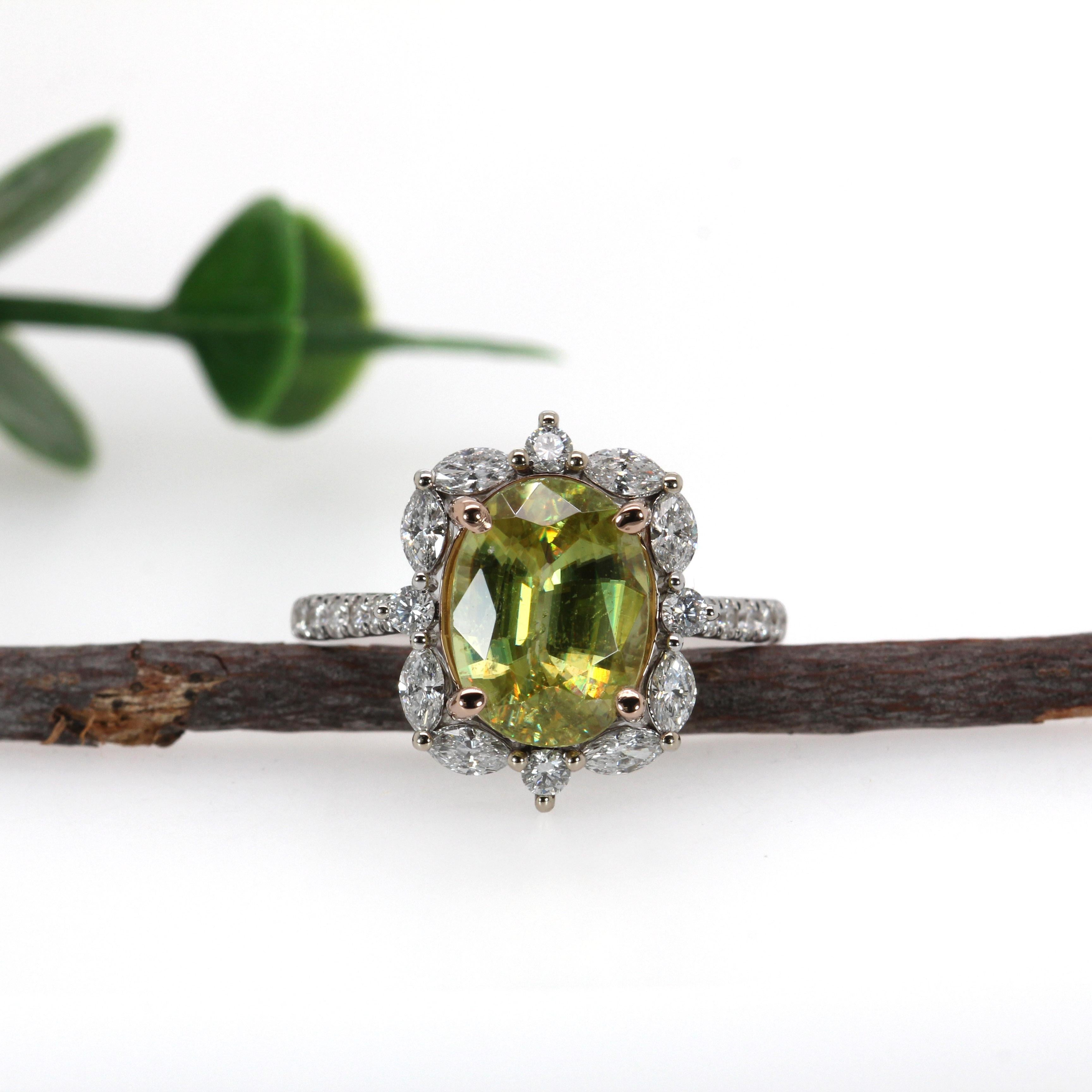 Art Deco 3.3ct Sphene Ring w Earth Mined Diamonds in 14K Solid White Gold  OV 11x9mm For Sale