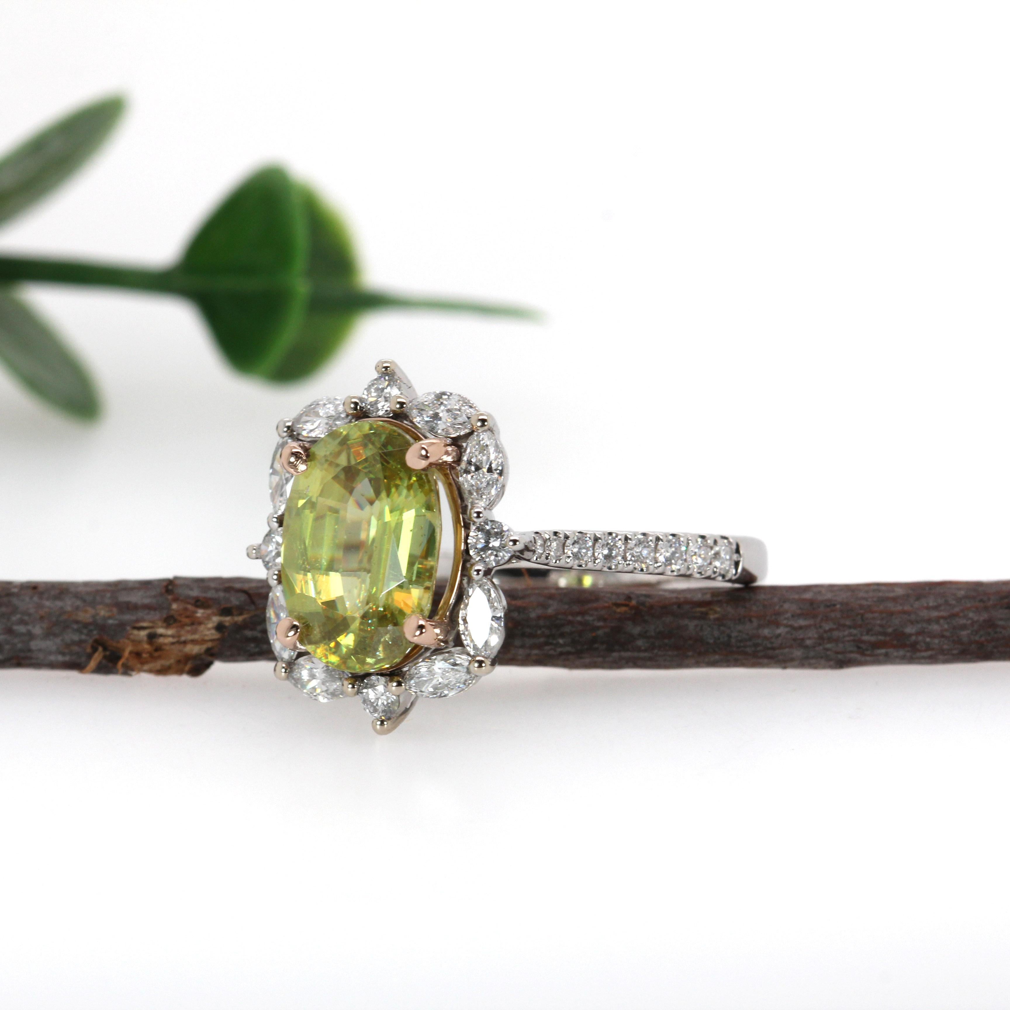 Oval Cut 3.3ct Sphene Ring w Earth Mined Diamonds in 14K Solid White Gold  OV 11x9mm For Sale