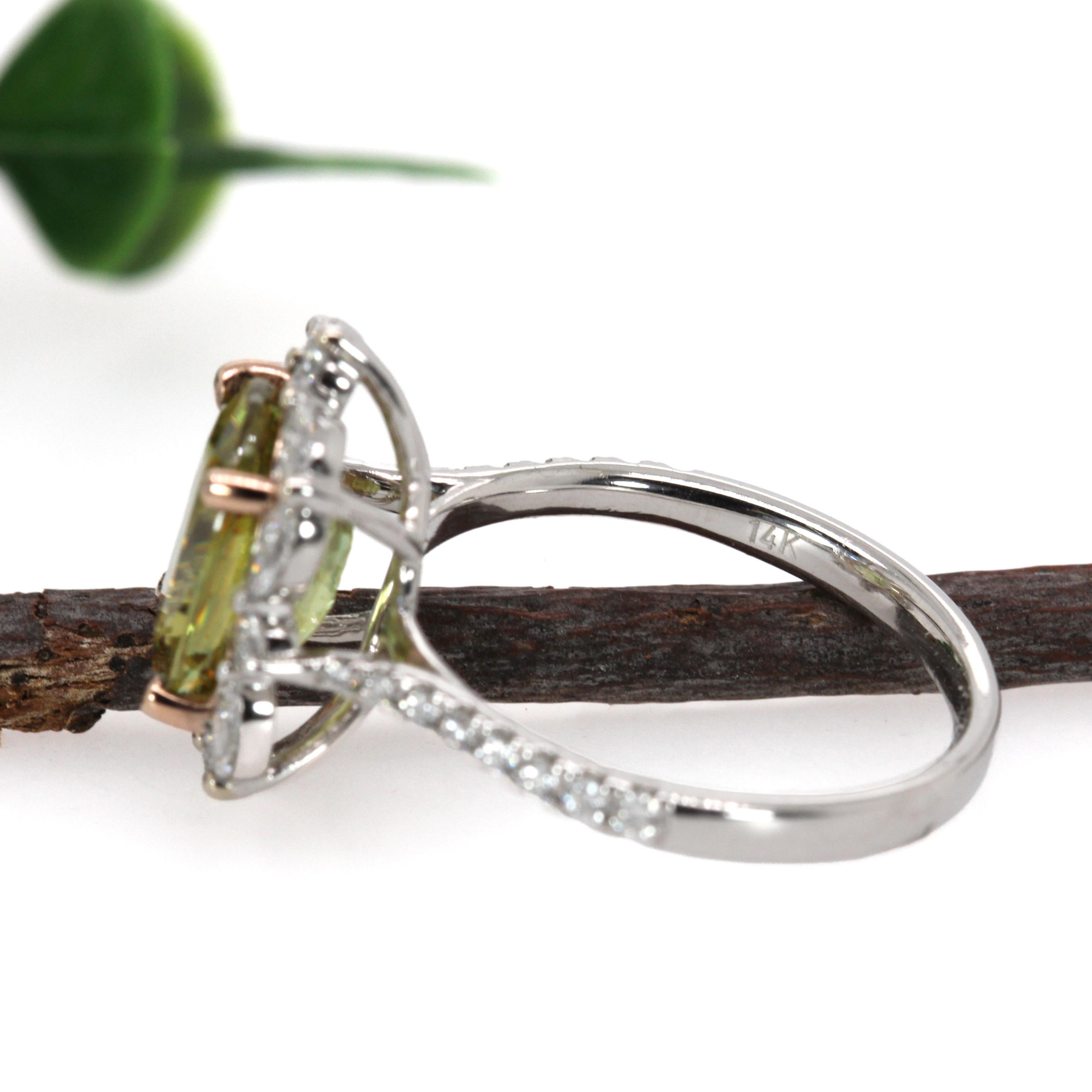 3.3ct Sphene Ring w Earth Mined Diamonds in 14K Solid White Gold  OV 11x9mm In New Condition For Sale In Columbus, OH