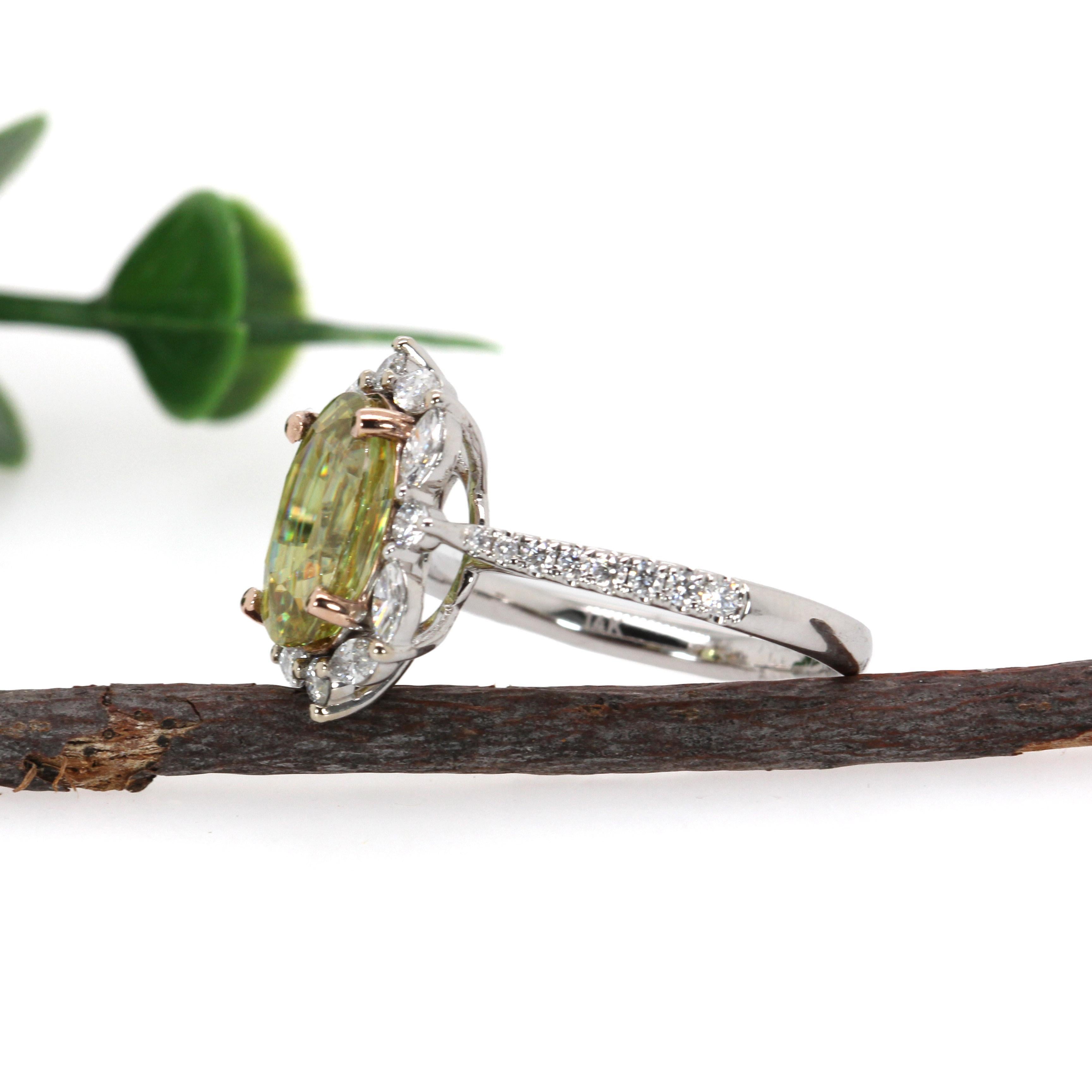 Women's 3.3ct Sphene Ring w Earth Mined Diamonds in 14K Solid White Gold  OV 11x9mm For Sale