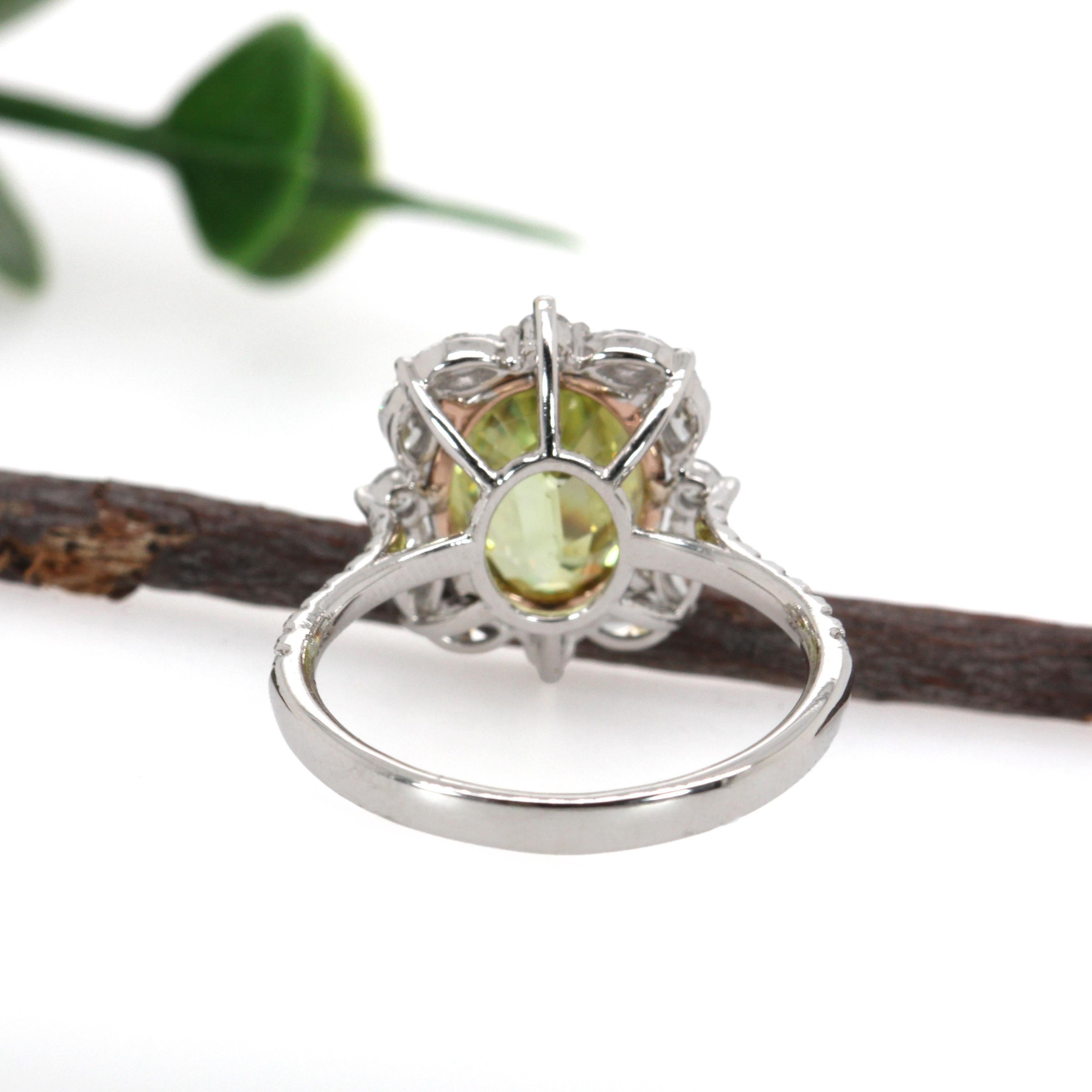 3.3ct Sphene Ring w Earth Mined Diamonds in 14K Solid White Gold  OV 11x9mm For Sale 1
