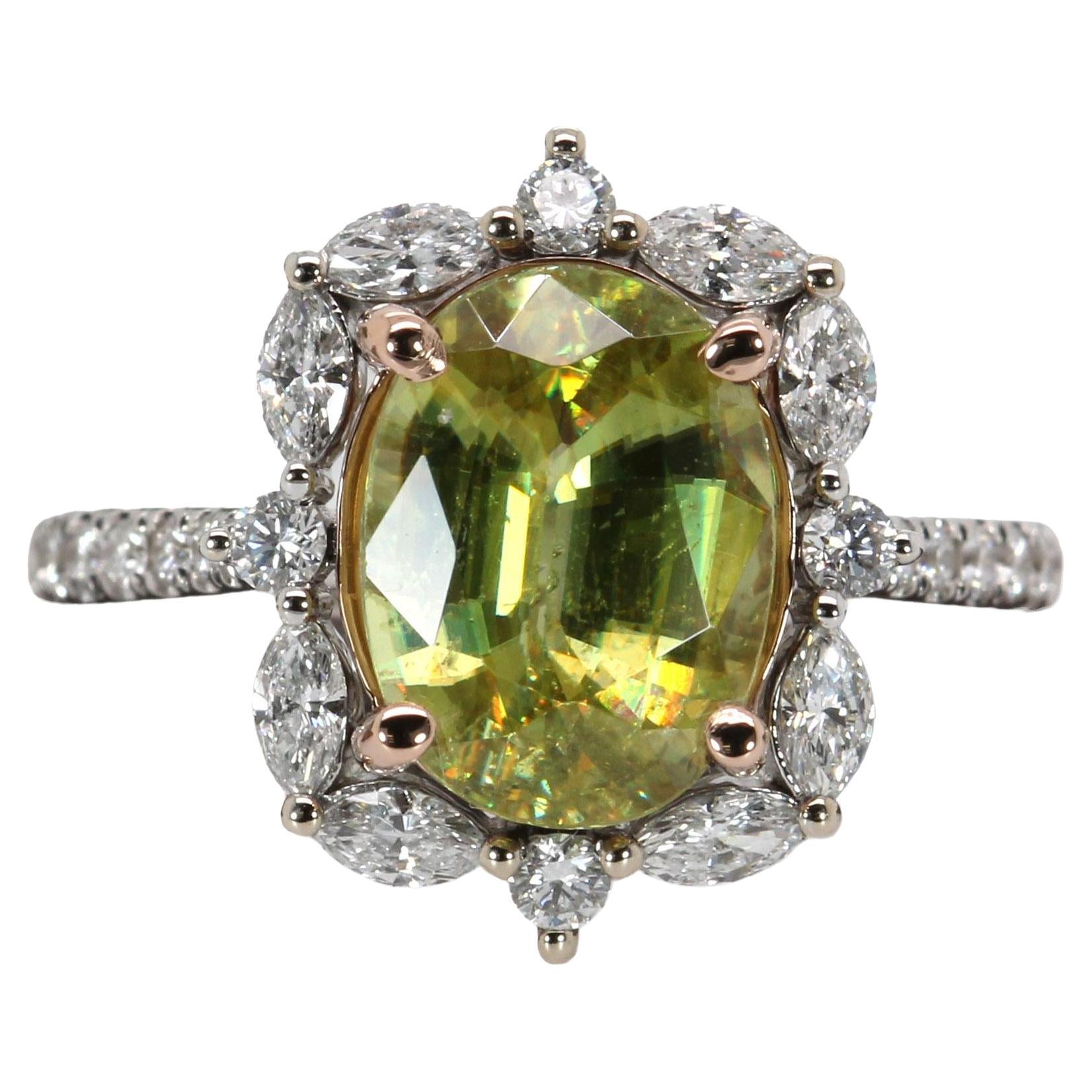 3.3ct Sphene Ring w Earth Mined Diamonds in 14K Solid White Gold  OV 11x9mm