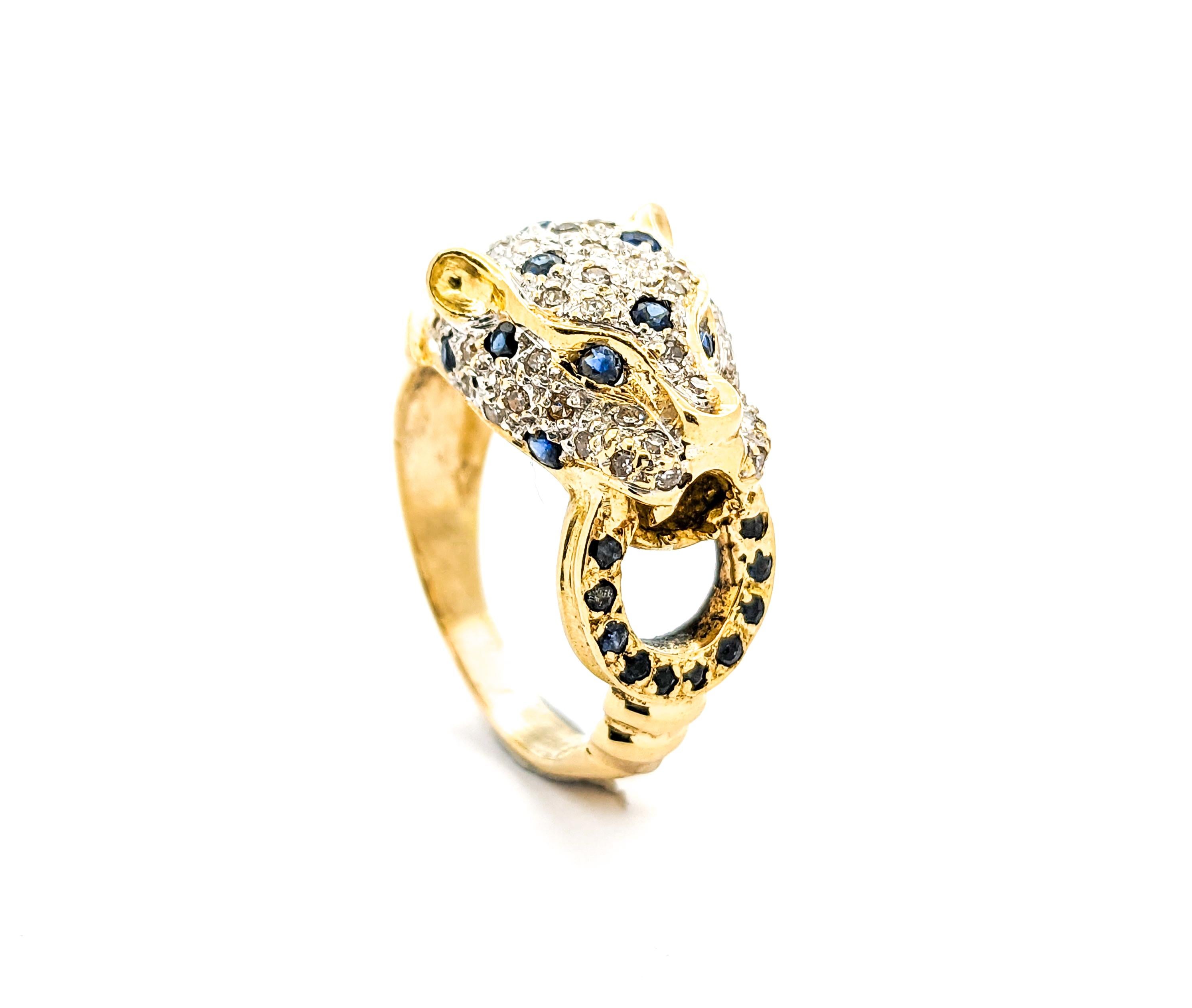 Women's or Men's .33ctw Blue Sapphire & Diamond Ring In Yellow Gold For Sale