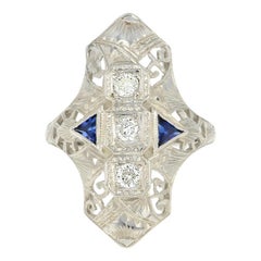 .33ctw European Cut Diamond & Synthetic Sapphire Art Deco Ring, 18k Gold Vintage