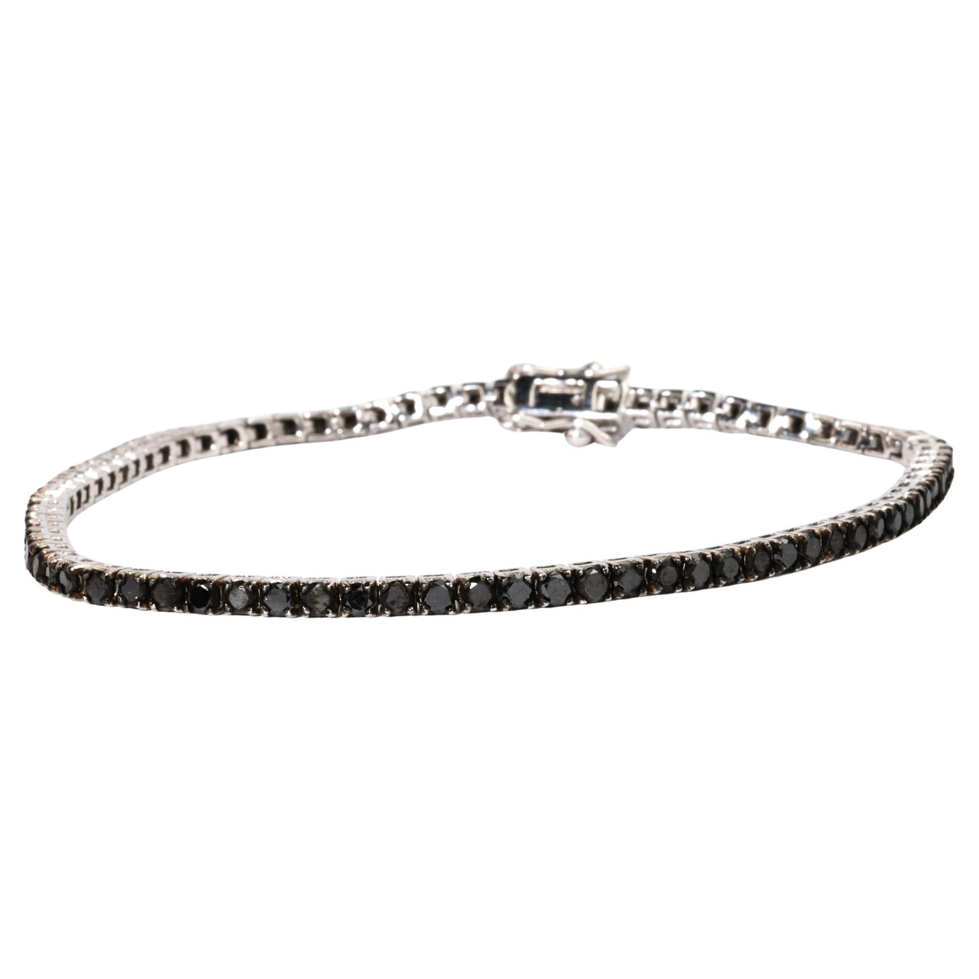 Bracelet de tennis en or blanc 18 carats, diamant noir de taille ronde naturelle 3,3tcw en vente