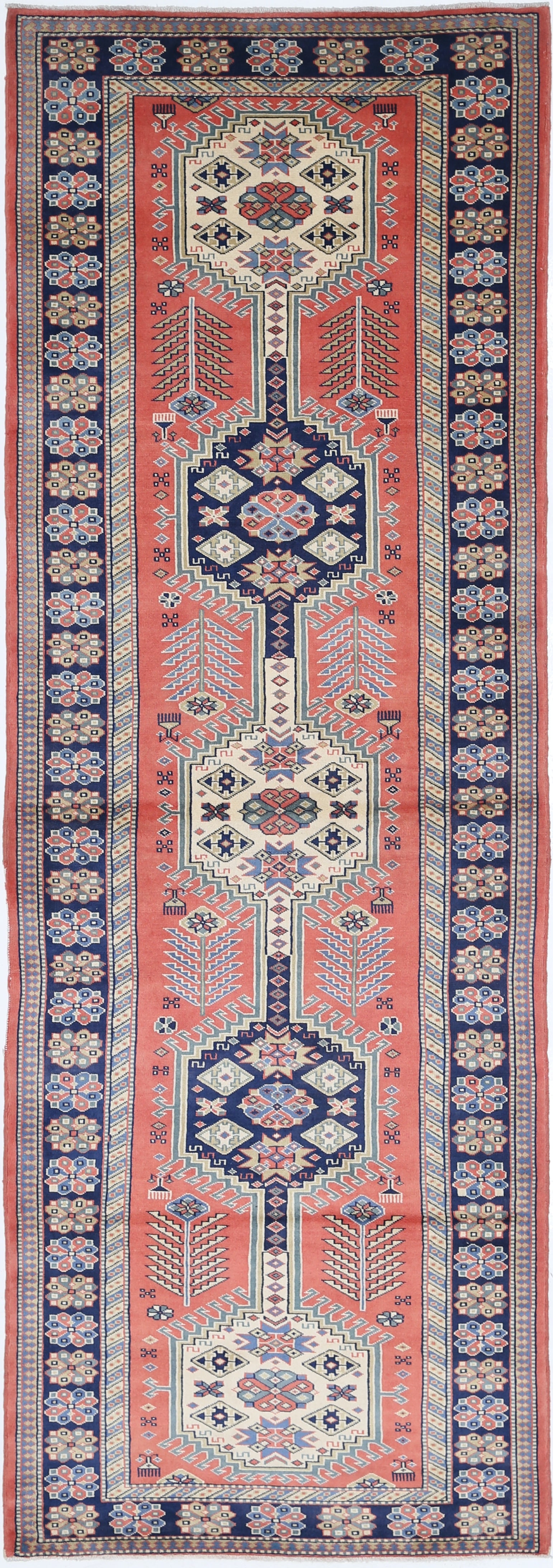 Tappeto rosso annodato a mano 3.3x10 ft per corridoi e corridoi. Tappeto da cucina in lana