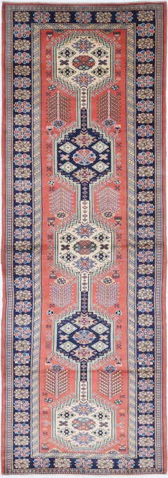 3.3x10 ft Handknotted Red Runner Rug for Corridor and Hallway. Wool Kitchen Rug