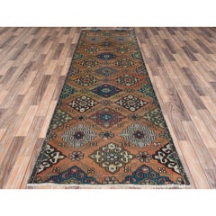 3'3"x10' Orange, Worn Wool Hand Knotted, Vintage Farsian Bakhtiar Runner Rug