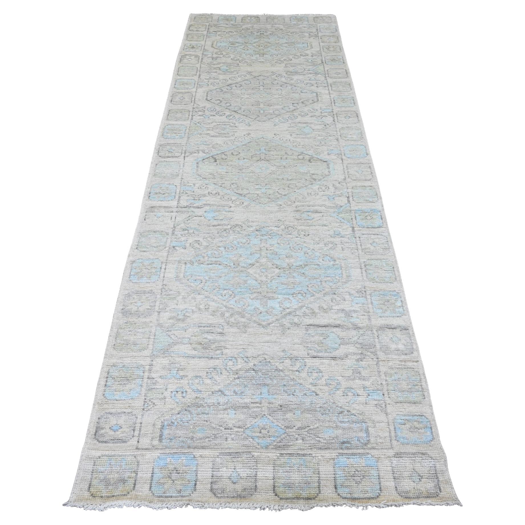 3'3"x10' White Wash Anatolian Village Inspired Hand Knotted All Wool Runner Rug For Sale