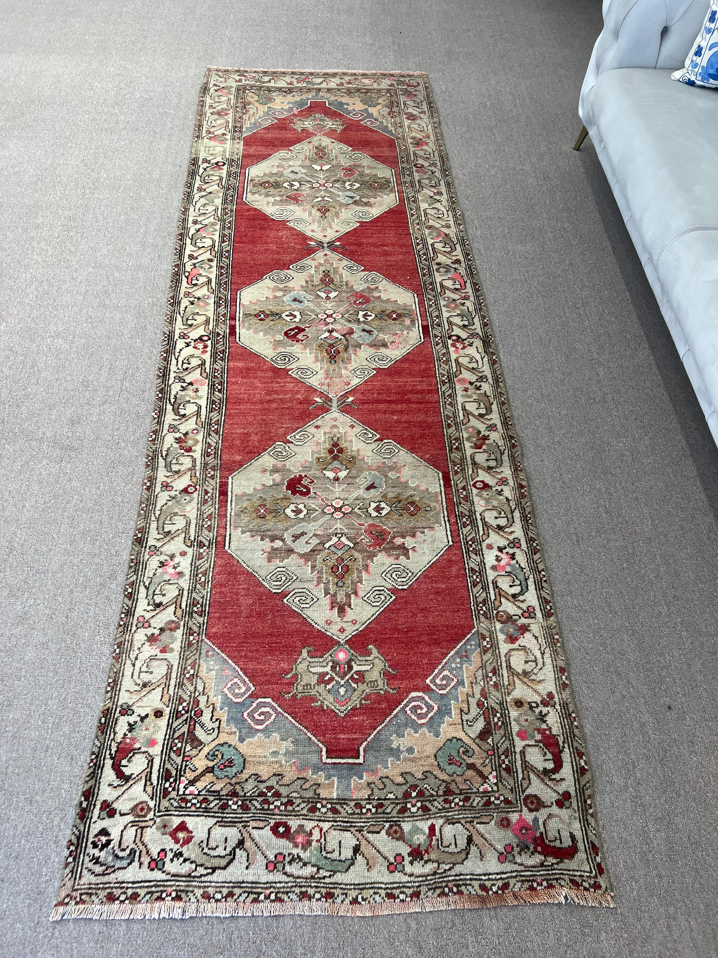 20th Century 3.3x10.2 Ft Antique Turkish Oushak Wool Runner Rug, One-of-a-Kind For Sale