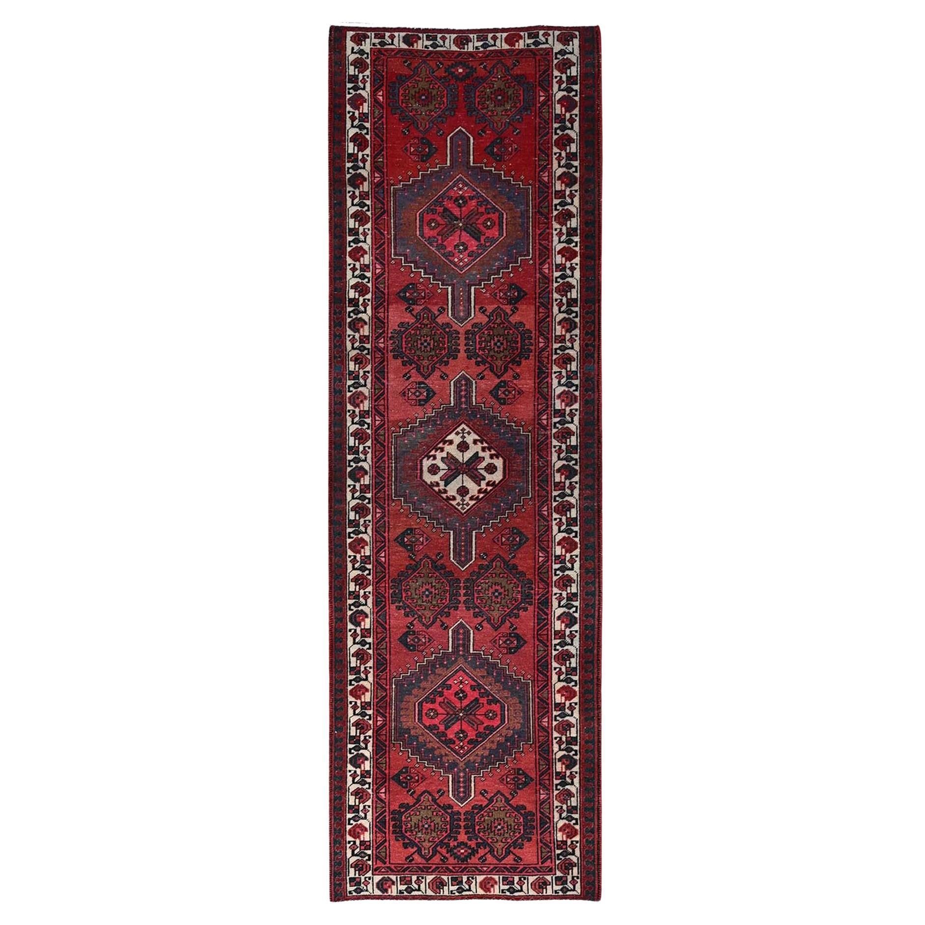 3'3 "x10'6" Alfombra Oriental Vintage Roja Persa del Noroeste Anudada a Mano en Lana