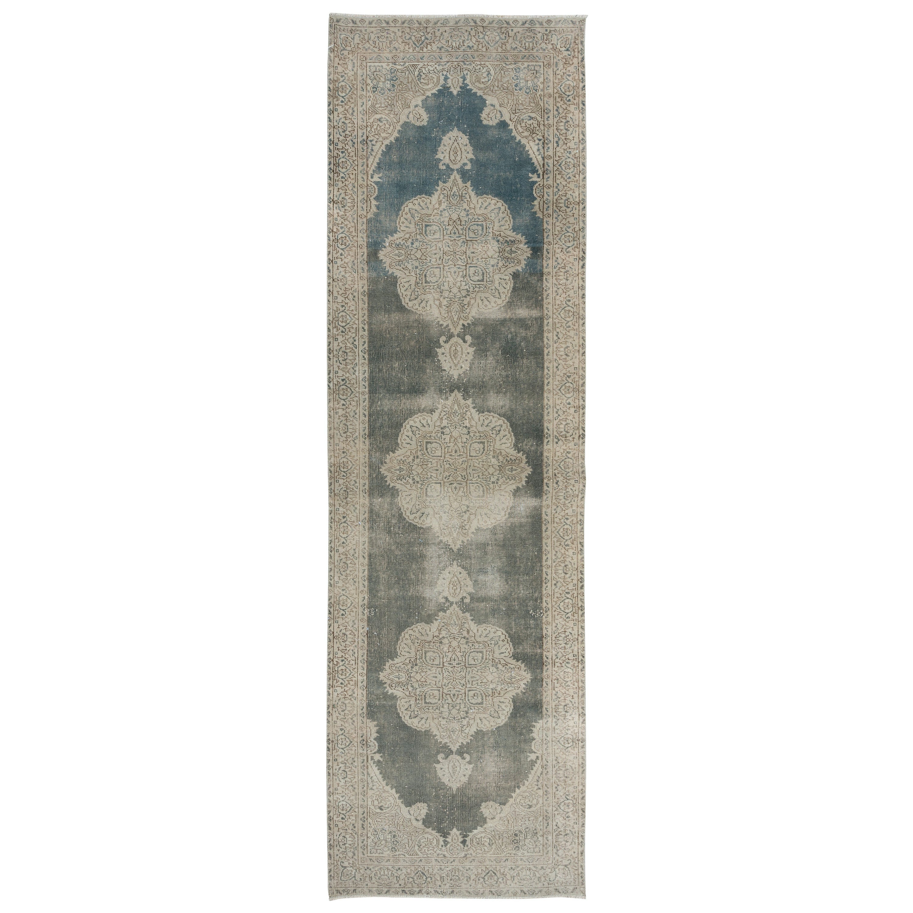 3.3x10.7 Ft verblasste anatolische Oushak Flur Läufer Teppich, Vintage Flur Teppich im Angebot