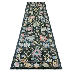 3'3"x11'6" Black Afghan Angora Oushak Leaf Design Hand Knotted Wool Runner Rug