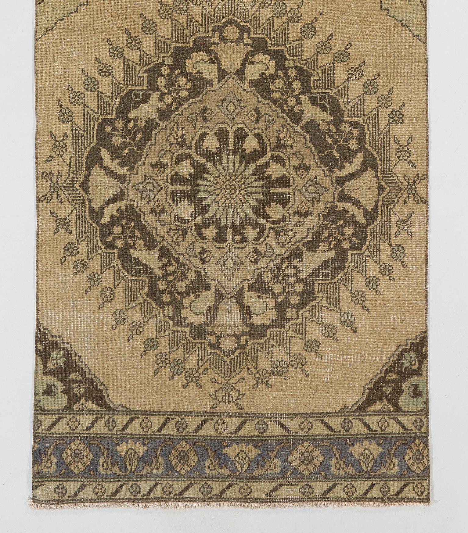 Oushak 3.3x12.7 Ft Vintage Runner Rug in Beige. Handmade Anatolian Carpet for Hallway