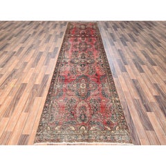 3'3"x13' Berry Red Vintage Persian Lilahan Hand Knotted Pure Wool Runner Rug