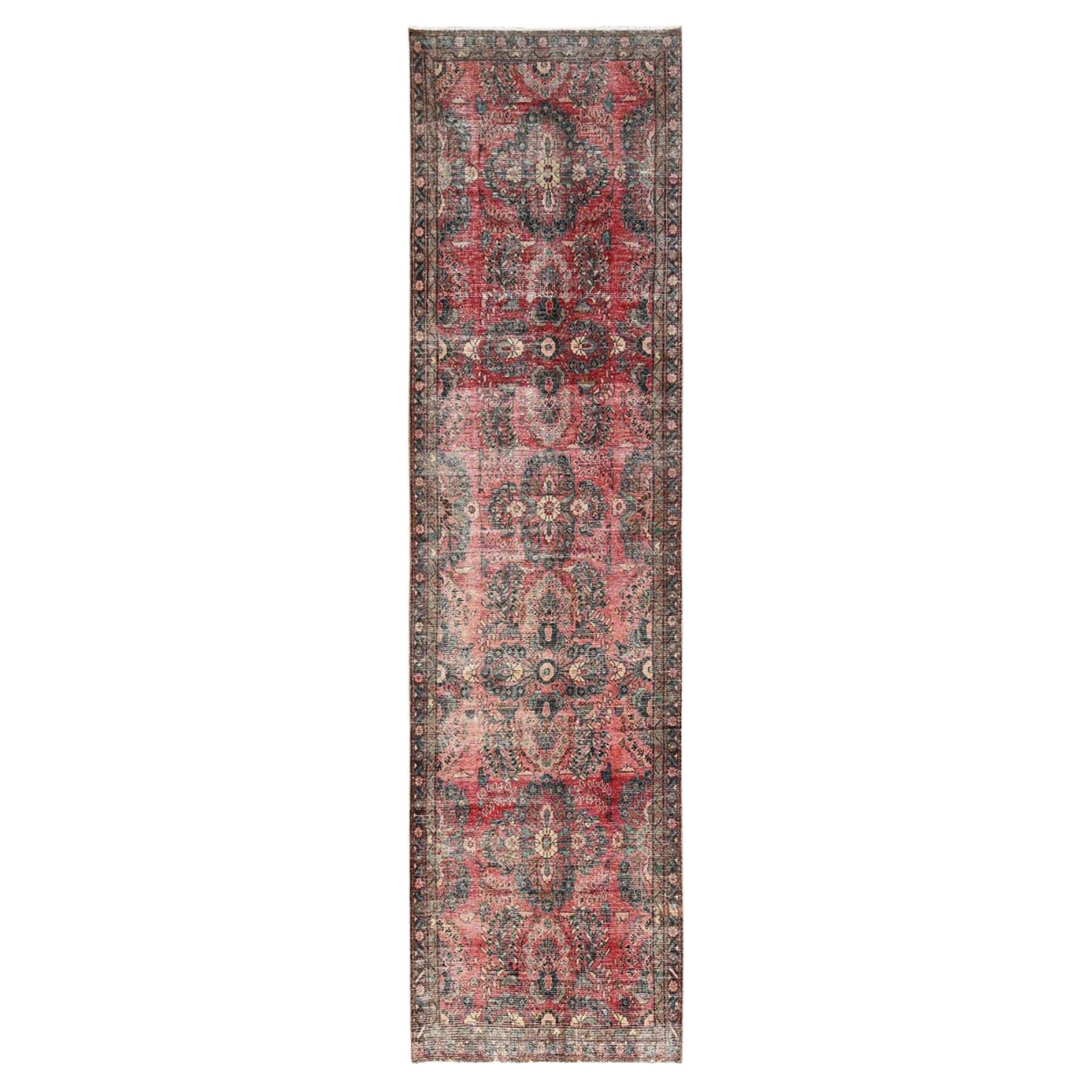3
3"x13
 Berry Red Vintage Persian Lilahan Hand Knotted Pure Wool Runner Rug For Sale