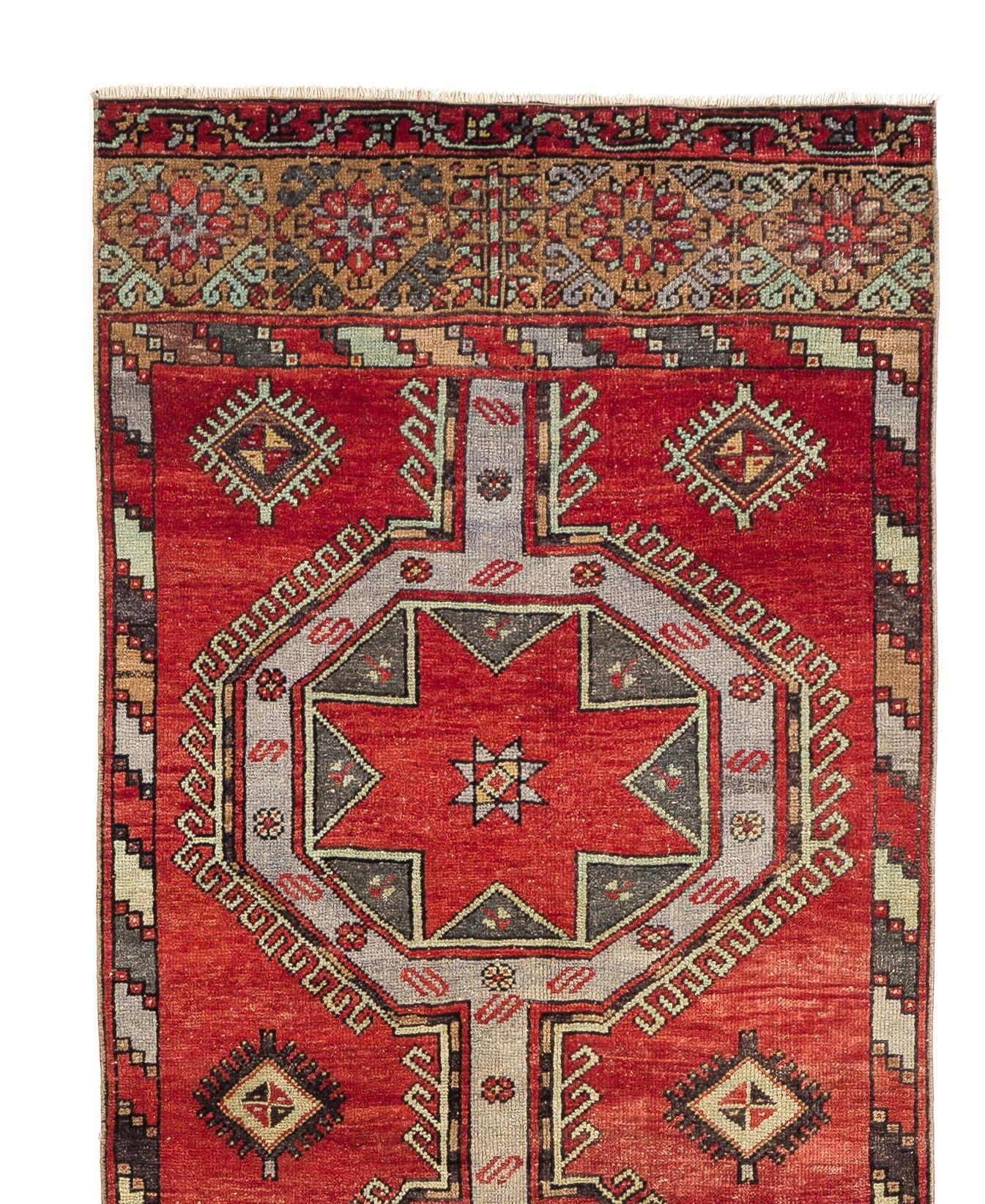 3.3x13 Ft Hand-Knotted Vintage Turkish Oushak Runner Rug in Red with Medallions In Good Condition For Sale In Philadelphia, PA