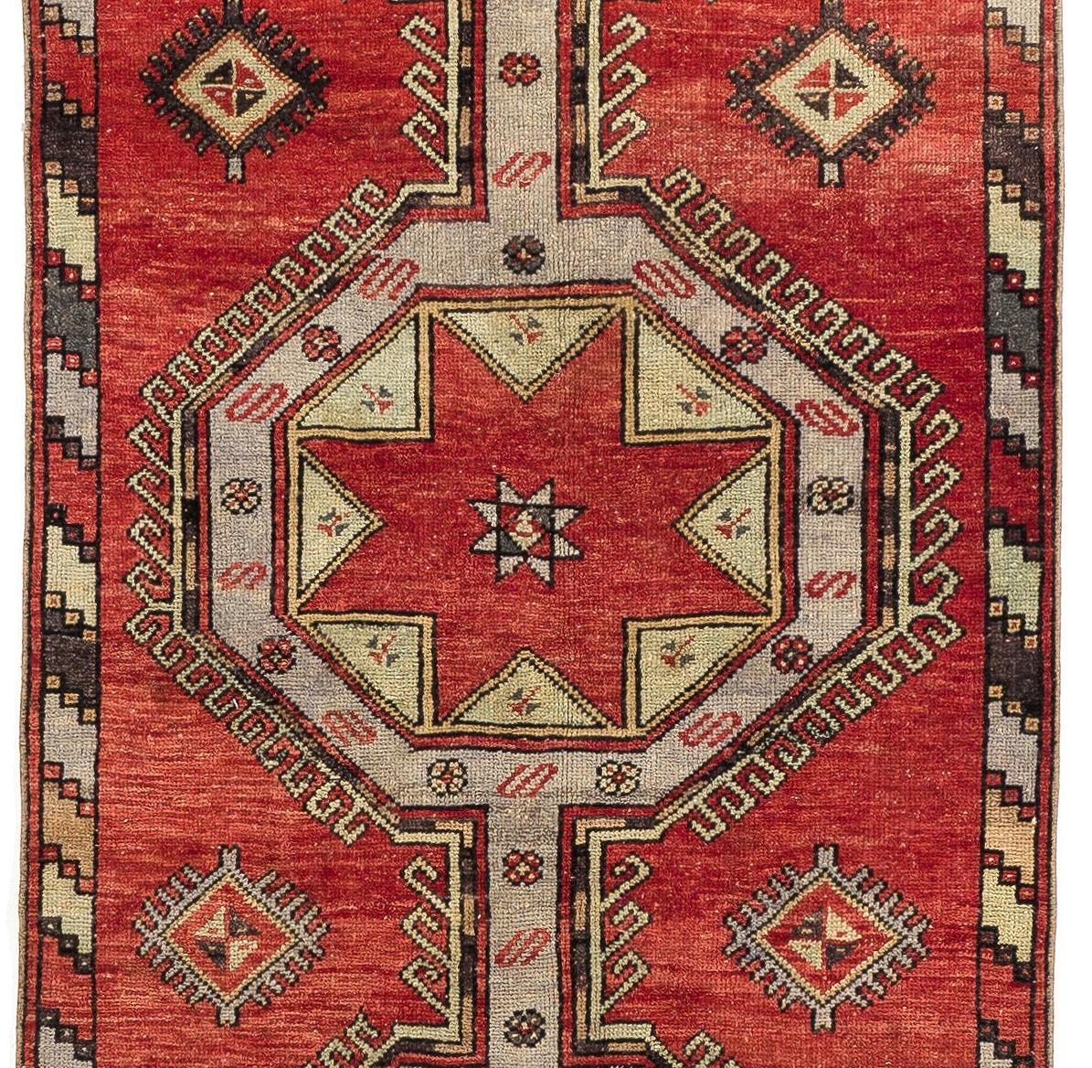 20th Century 3.3x13 Ft Hand-Knotted Vintage Turkish Oushak Runner Rug in Red with Medallions For Sale