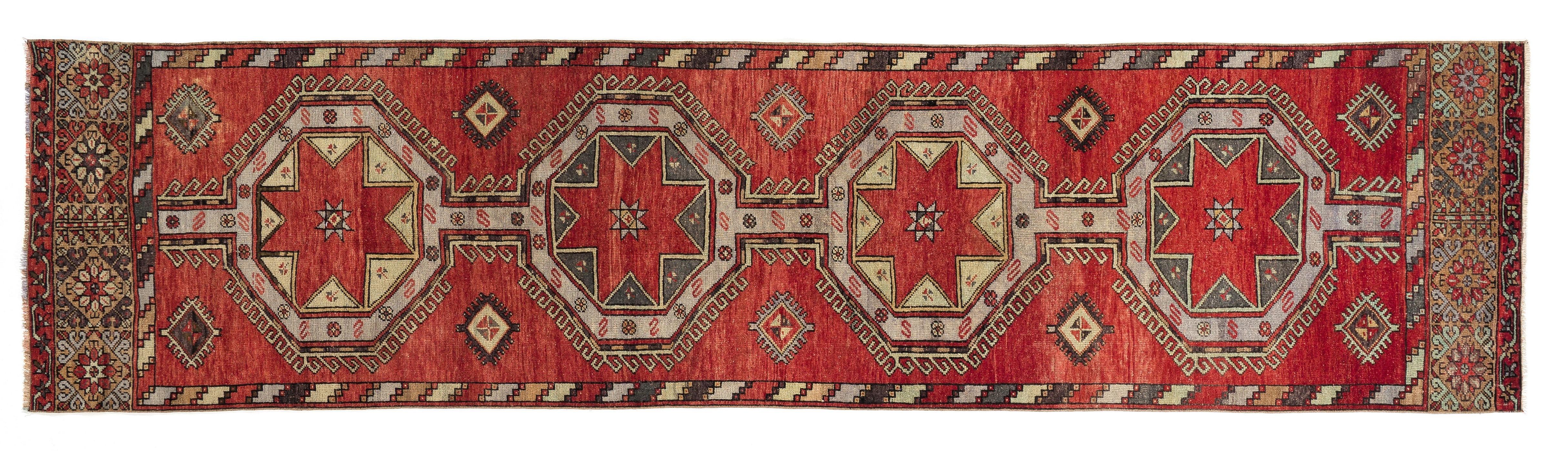Wool 3.3x13 Ft Hand-Knotted Vintage Turkish Oushak Runner Rug in Red with Medallions For Sale