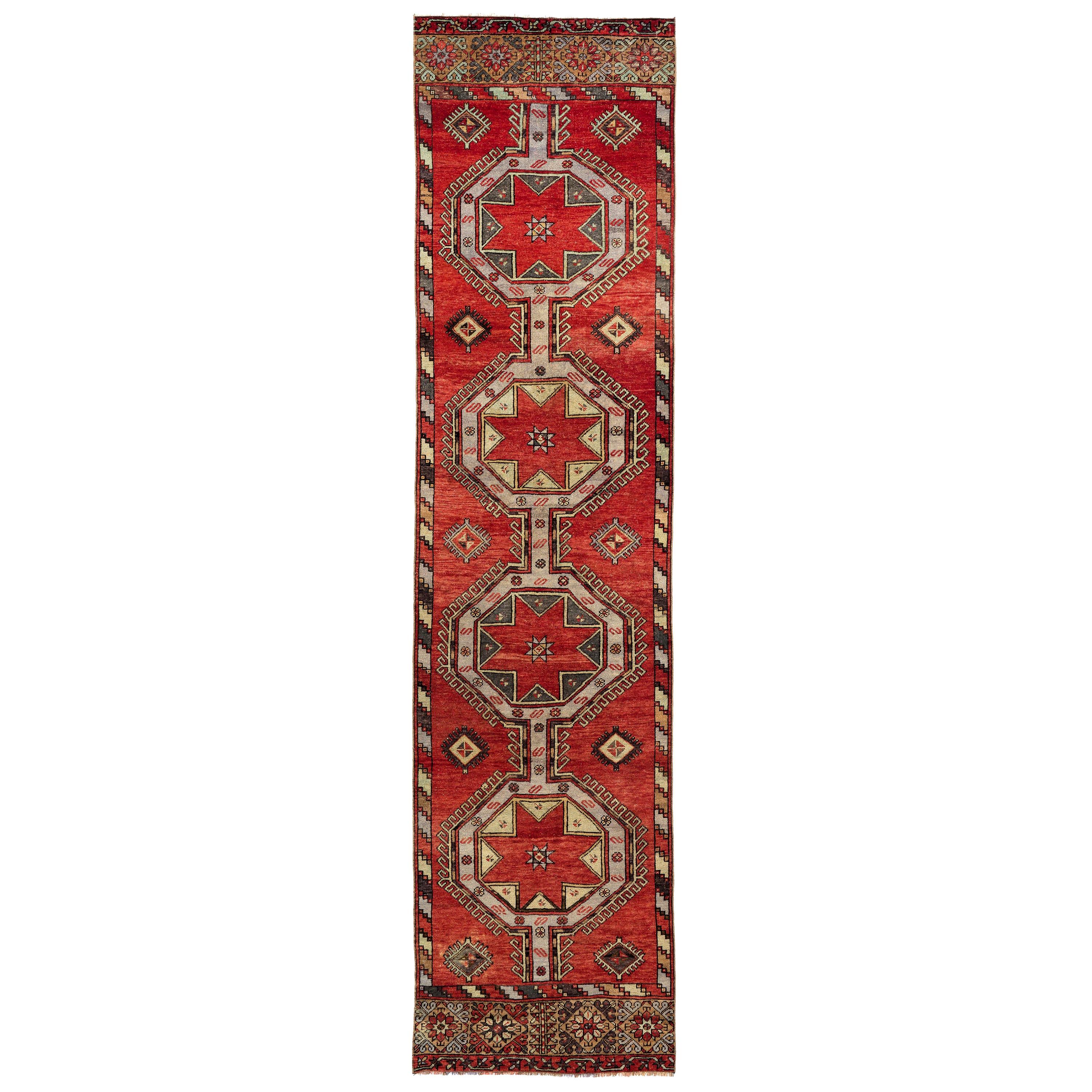 3.3x13 Ft Hand-Knotted Vintage Turkish Oushak Runner Rug in Red with Medallions For Sale