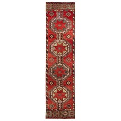 3.3x13 Ft Hand-Knotted Vintage Turkish Oushak Runner Rug in Red with Medallions