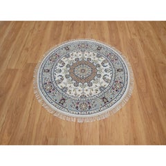 3'3"x3'3" Ivory Nain Flower Medallion Design Hand Knotted Wool & Silk Round Rug