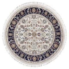 3'3"x3'3" Ivory Nain with Flower Design Hand Knotted Wool and Silk Round Rug