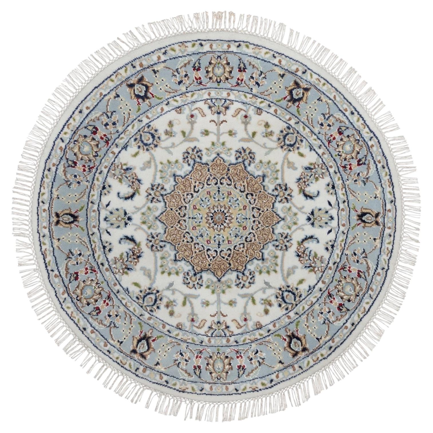 3'3"x3'3" Ivory Nain with Medallion Design Hand Knotted Wool and Silk Round Rug
