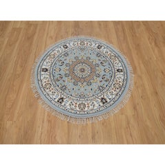 3'3"x3'3" Light Blue Wool & Silk Nain Medallion Design Hand Knotted Round Rug