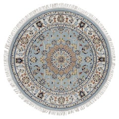 3'3"x3'3" Light Blue Wool & Silk Nain Medallion Design Hand Knotted Round Rug