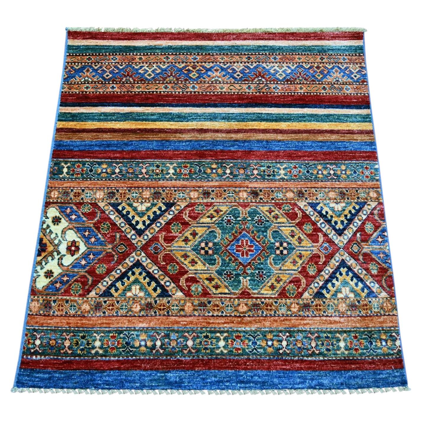 3'3"x3'7" Colorful Hand Knotted Natural Wool Afghan Super Kazak Sample Mat Rug