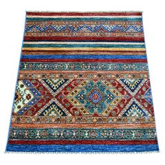 3'3"x3'7" Colorful Hand Knotted Natural Wool Afghan Super Kazak Sample Mat Rug