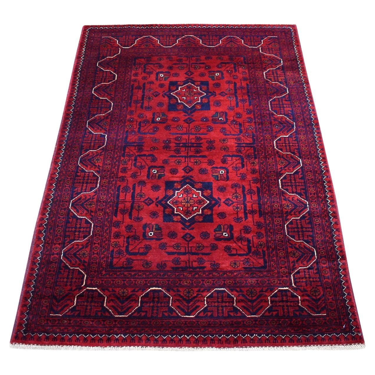 3'3"x4'10" Afghan Khamyab Pure Wool Hand Knotted Deep Red Oriental Rug