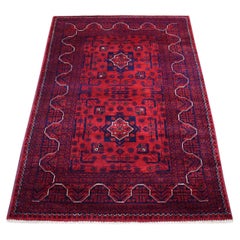 3'3"x4'10" Afghan Khamyab Pure Wool Hand Knotted Deep Red Oriental Rug