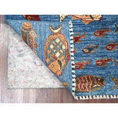 3'3 "x4'10" Alfombra afgana azul Peshawar Oceanic Fish Design Lana suave anudada a mano