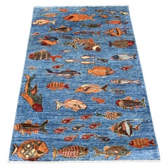 3'3 "x4'10" Alfombra afgana azul Peshawar Oceanic Fish Design Lana suave anudada a mano