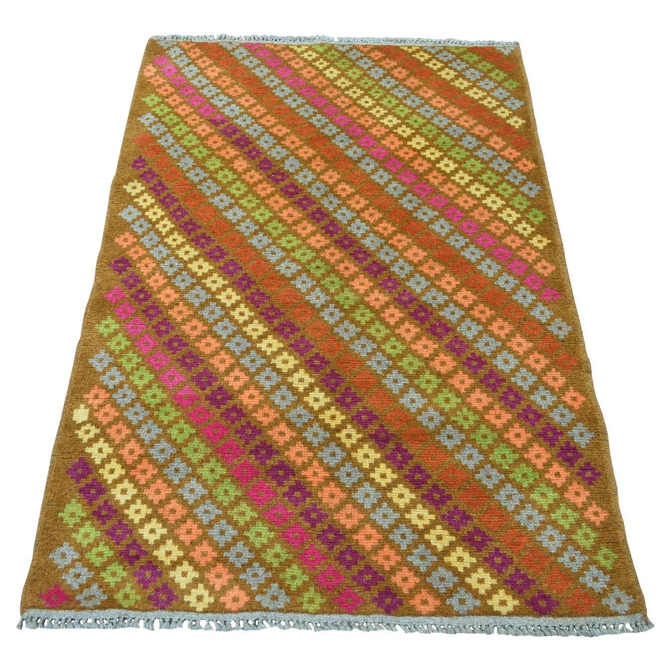 3
3"x4
10" Brown Colorful Afghan Baluch All Over Design Wool Hand Knotted Rug For Sale