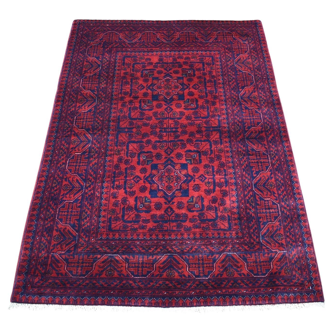 3'3"x4'10" Deep Red Afghan Khamyab Double Geometric Medallion Design Wool Rug For Sale