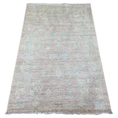 3'3 "x4'10" Alfombra de lana anudada a mano con diseño de hojas de angora afgana Oushak rosa desteñido