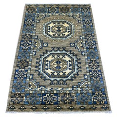 3'3"x4'10" Gray Afghan Ersari with Elephant Feet Design Hand Knotted Wool Rug