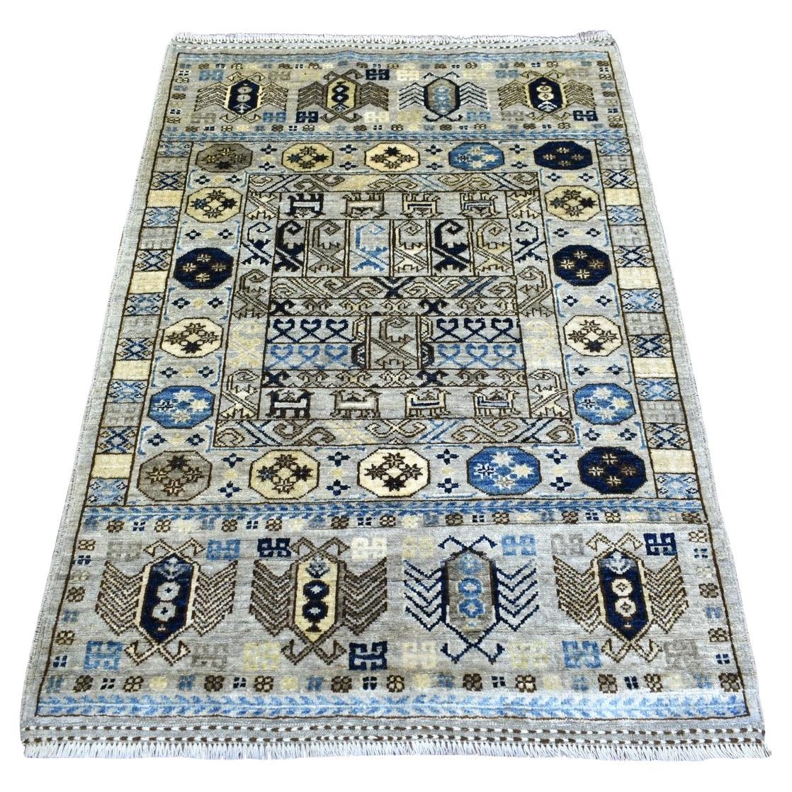 3'3"x4'10" Gray Hand Knotted Natural Dyes Afghan Ersari Wool Hand Knotted Rug