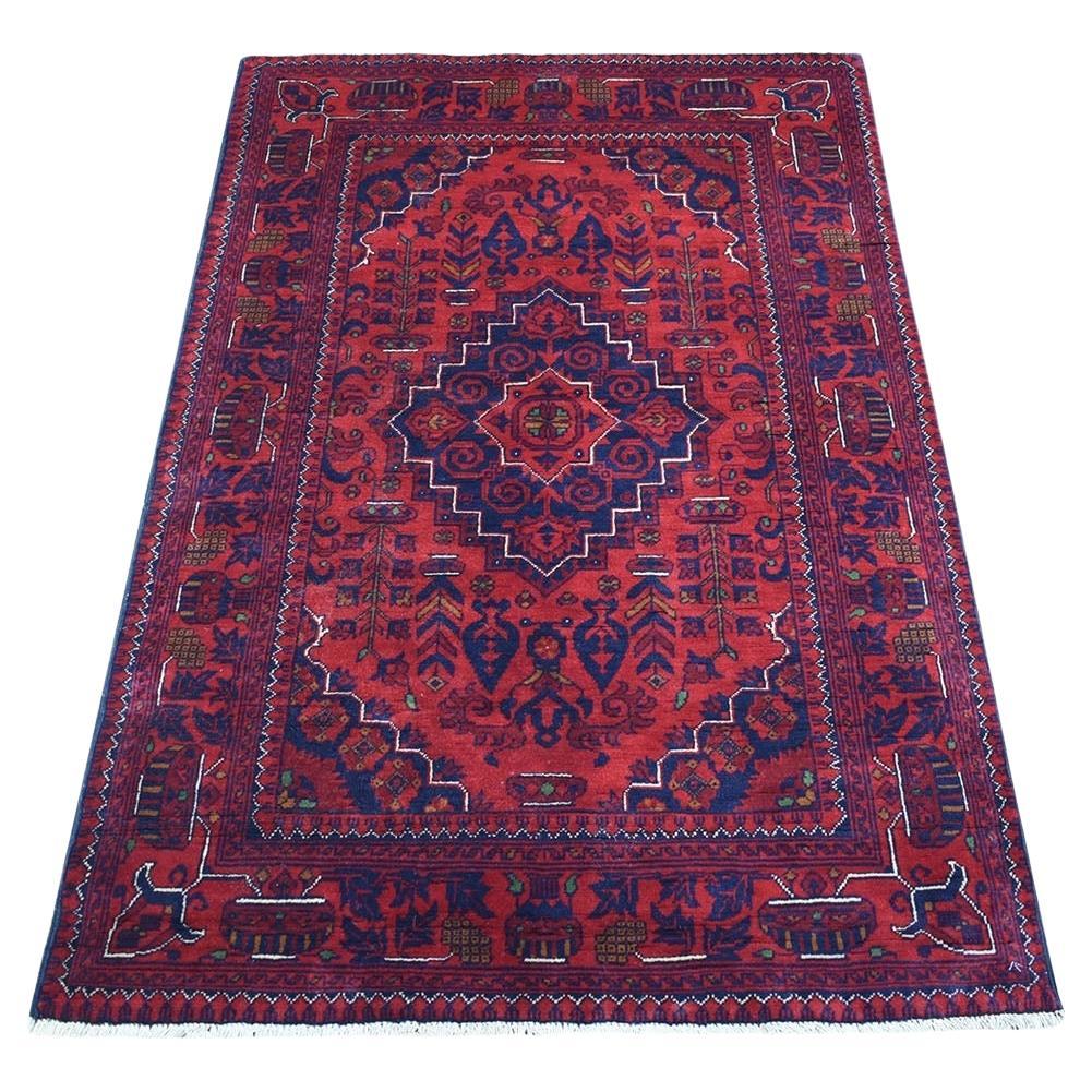 3'3"x4'10" Hand Knotted Afghan Khamyab Wool Deep and Saturated Red Rug