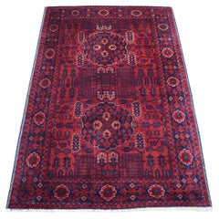 3
3 "x4
10" Tapis noué à la main en pure laine rouge saturée Afghan Khamyab Tribal Design Rug