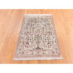 3'3"x4'10" Ivory Persian Ghom with Flower Design 600 KPSI Hand Knotted Silk Rug
